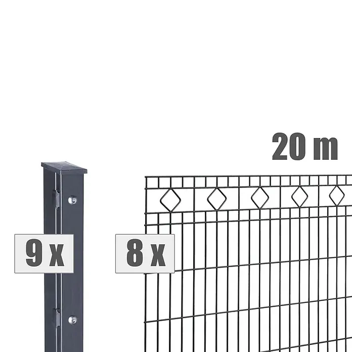 Deutsche Zauntechnik Zaun-Set Barcelona - Breite: 20 m, Höhe: 1,03 m, Anthrazitgrau - Dunkelgraues Metallzaun-Set mit 9 Pfosten und 8 Zierpaneelen für eine Gesamtlänge von 20 m.