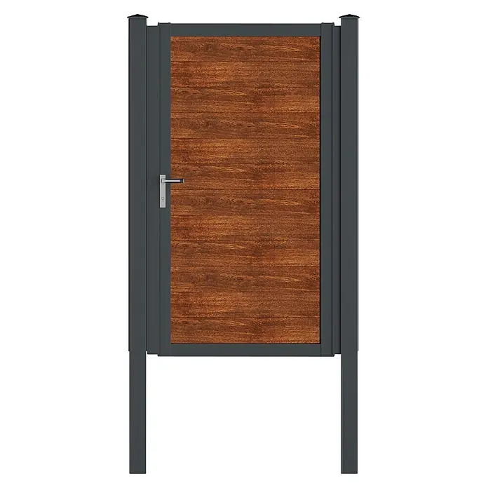 Deutsche Zauntechnik Zauntor Vidual Swing Snap - 1,04 x 1,75 m, Light Oak, Aluminium - Gartentor mit dunkelgrauem Rahmen und warmer brauner Holzfüllung, mit silbernem Griff.
