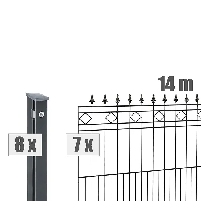 Deutsche Zauntechnik Zaun-Set Rimini - Breite: 14 m, Höhe: 1,11 m, Anthrazitgrau - Schwarzes Metallzaunsystem mit 8 Pfosten, 7 Paneelen, Gesamtlänge 14m.