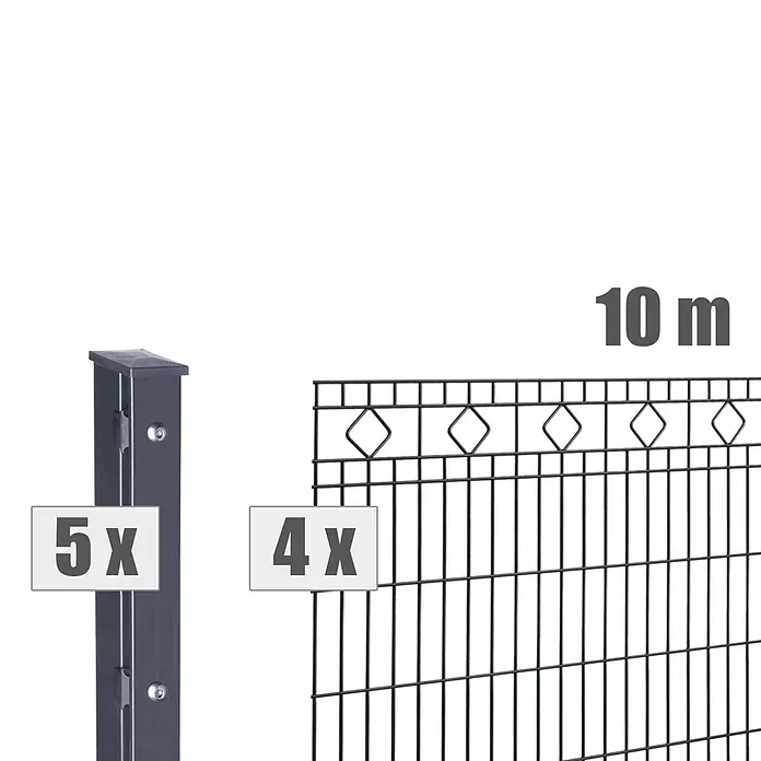 Deutsche Zauntechnik Zaun-Set Barcelona - Breite: 10 m, Höhe: 1,03 m, Anthrazitgrau - Dunkelgraues Metallzaun-Set mit 5 Pfosten und 4 Paneelen, Gesamtlänge 10m.