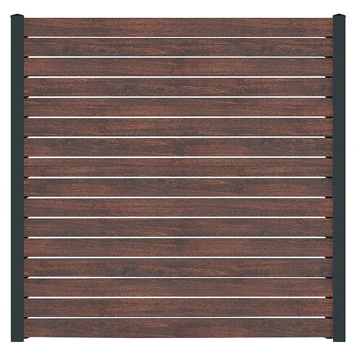 Deutsche Zauntechnik Zaun-Set Vidual Pure - B x H: 15,99 x 1,76 m, Dark Oak - Dunkelbraunes Lamellen-Zaunelement mit dunkelgrauen Metallpfosten, als Sichtschutz.