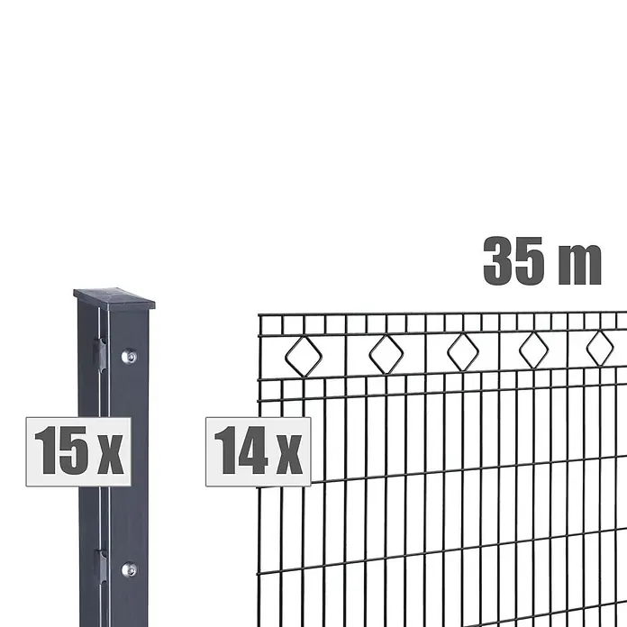Deutsche Zauntechnik Zaun-Set Barcelona - Breite: 35 m, Höhe: 1,03 m, Anthrazitgrau - Dunkelgraues Metallzaunset: 15 Pfosten, 14 Zaunfelder, 35 m Gesamtlänge.