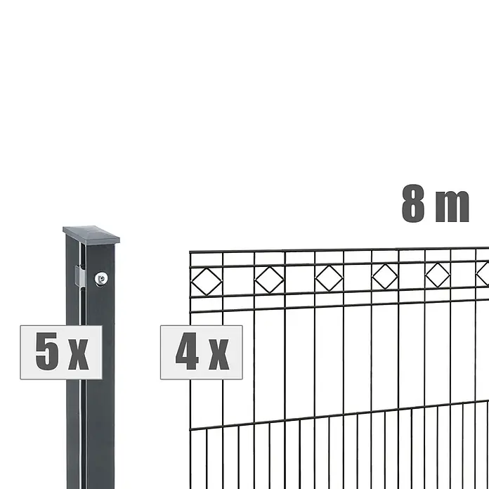 Deutsche Zauntechnik Zaun-Set Turin - Breite: 8 m, Höhe: 1,01 m, Anthrazitgrau - Dunkles Metall-Gartenzaun-Set mit 5 Pfosten, 4 Paneelen und dekorativem Oberteil, insgesamt 8 m Länge.