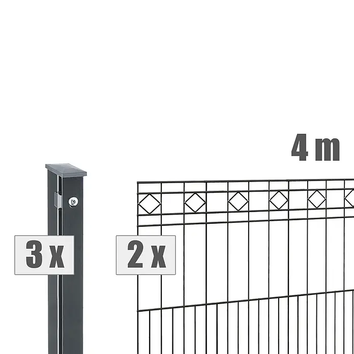 Deutsche Zauntechnik Zaun-Set Turin - Breite: 4 m, Höhe: 1,01 m, Anthrazitgrau - Dunkle Metallzaunpfosten (3x) und Zaunelemente (2x) mit Zierelementen, 4m.