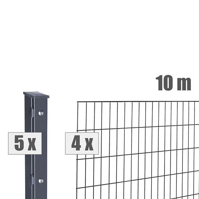 Deutsche Zauntechnik Zaun-Set Max - Breite: 10 m, Höhe: 1,83 m, Anthrazitgrau - Dunkelgraue Metallzaunpfosten (5x) und -felder (4x) für 10m Zaun.