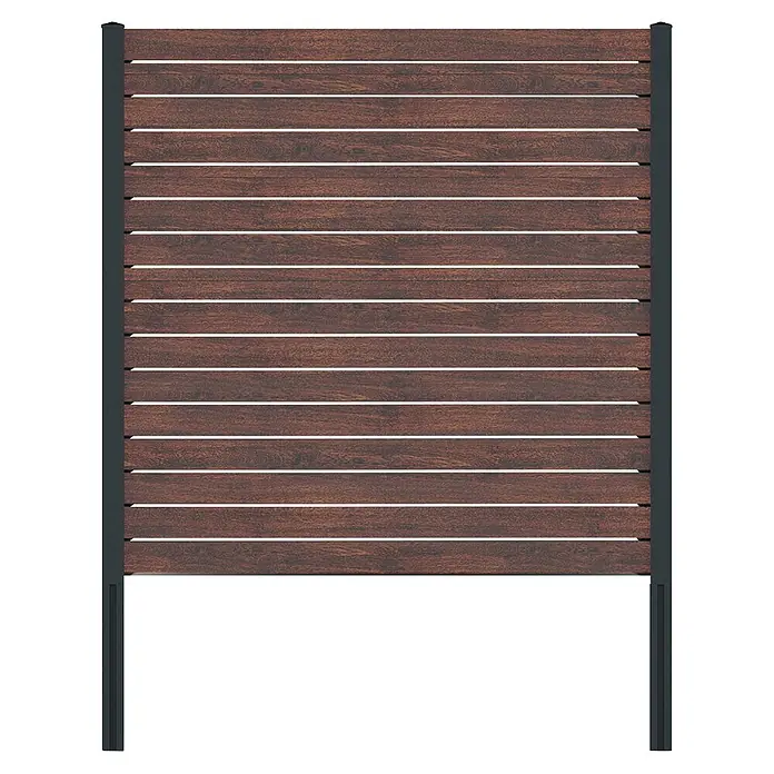 Deutsche Zauntechnik Zaun-Set Vidual Pure - B x H: 33,68 x 1,76 m, Dark Oak - Dunkelbraunes Holzsichtschutzpaneel mit horizontalen Latten und dunkelgrauen Metallpfosten.