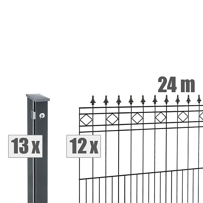 Deutsche Zauntechnik Zaun-Set Rimini - Breite: 24 m, Höhe: 0,91 m, Anthrazitgrau - Dunkler Metallzaunpfosten (13x) und Zaunfeld (12x) für ein 24m Zaunsystem.
