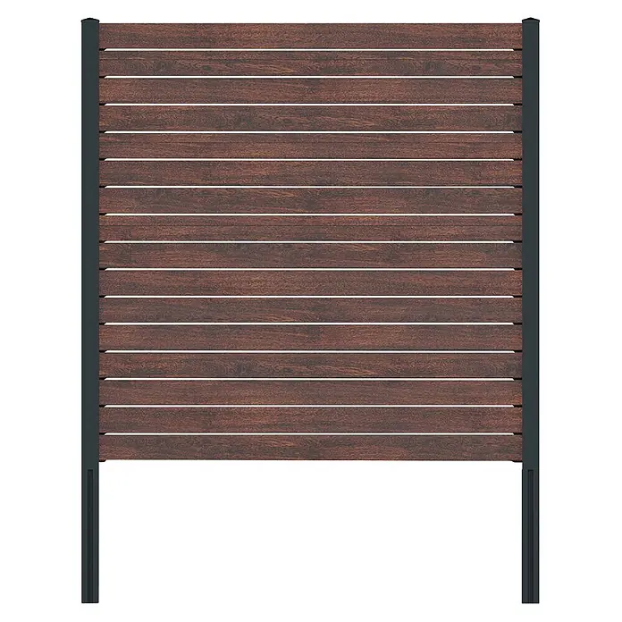 Deutsche Zauntechnik Zaun-Set Vidual Pure - B x H: 30,14 x 1,76 m, Dark Oak - Dunkelbraunes Lamellen-Sichtschutzelement mit dunkelgrauem Metallrahmen.