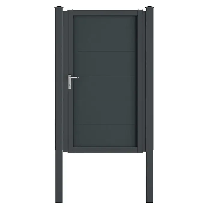 Deutsche Zauntechnik Zauntor Vidual Swing Comp Co - Anthrazitgrau - Anthrazitgraues Metall-Gartentor mit horizontalen Paneelen und silbernem Griff.