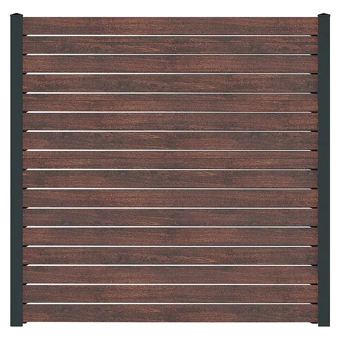 Deutsche Zauntechnik Zaun-Set Vidual Pure - B x H: 8,91 x 1,76 m, Dark Oak - Dunkelbraunes Lamellen-Sichtschutzelement aus Holz mit dunkelgrauem Rahmen.