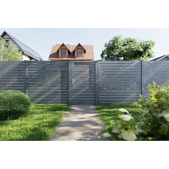 Deutsche Zauntechnik Zauntor Vidual Swing Pure - B x H: 104 cm x 1,76 m, Anthrazitgrau, Rechtsanschlag - Dunkelgrauer Lamellenzaun mit Tor für moderne Privatsphäre und Zugang zu einem Haus.