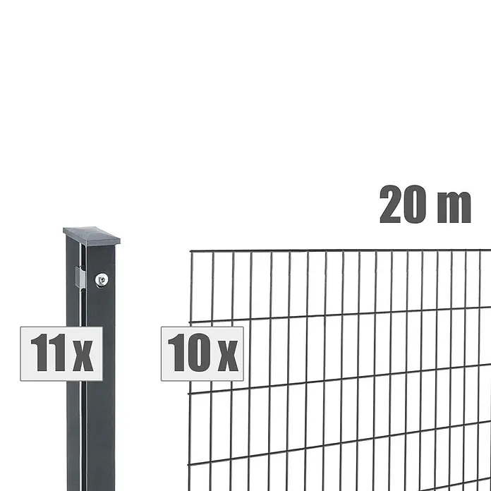 Deutsche Zauntechnik Zaun-Set Pi - Breite: 20 m, Höhe: 1,21 m, Anthrazitgrau - Dunkelgraues Metallzaun-Set: 11 Pfosten, 10 Gittermatten für 20m.