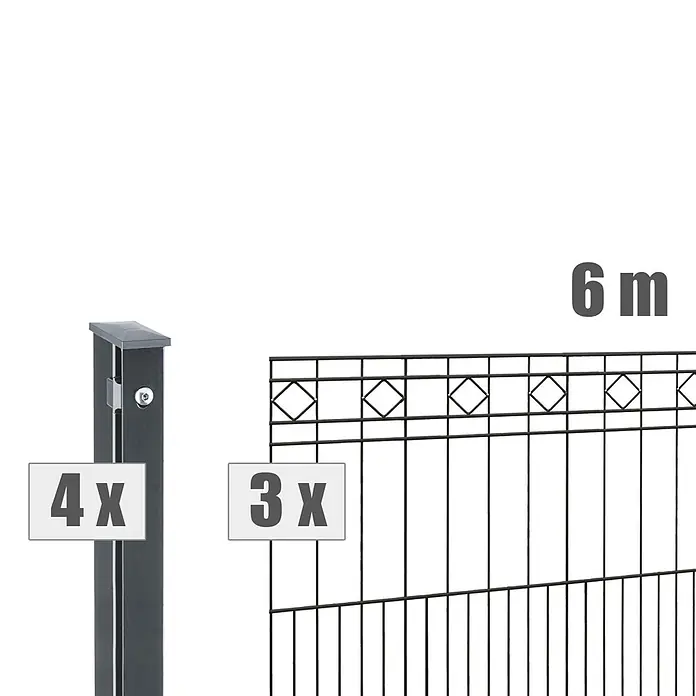 Deutsche Zauntechnik Zaun-Set Turin - Breite: 6 m, Höhe: 0,81 m, Anthrazitgrau - Dunkles Metallzaun-Set mit 4 Pfosten und 3 Paneelen für 6 Meter Zaunlänge.