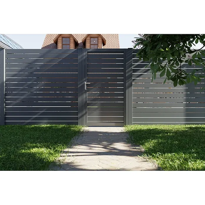 Deutsche Zauntechnik Zauntor Vidual Swing Pure - B x H: 104 cm x 1,76 m, Anthrazitgrau, Rechtsanschlag - Dunkelgrauer Lattenzaun und Tor aus Metall mit Griff, führt zum Hauseingang mit Steinweg und Rasen.