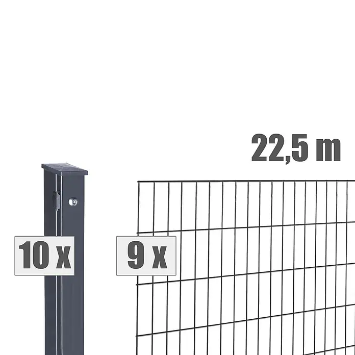 Deutsche Zauntechnik Zaun-Set Max - Breite: 22,5 m, Höhe: 1,63 m, Anthrazitgrau - 10 dunkelgraue Zaunpfosten und 9 schwarze Gitterfelder für ein 22,5 m Zaun-Set.