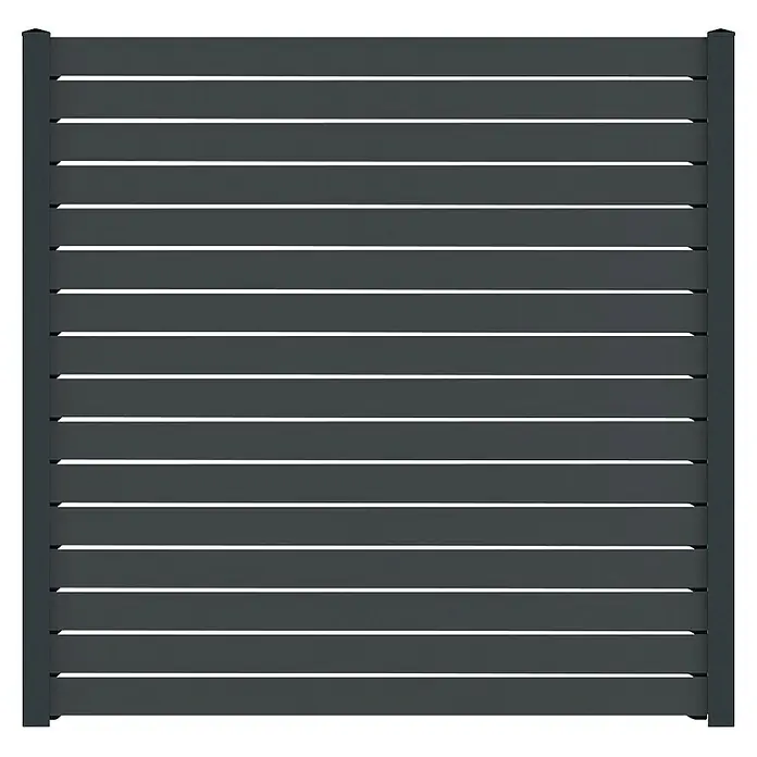 Deutsche Zauntechnik Zaun-Set Vidual Pure - B x H: 15,99 x 1,76 m, Anthrazitgrau - Dunkelgraue Lamellen-Sichtschutzwand mit horizontalen Brettern und vertikalen Pfosten.
