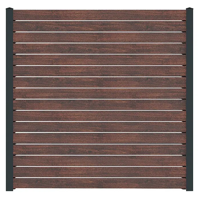 Deutsche Zauntechnik Zaun-Set Vidual Pure - B x H: 10,68 x 1,76 m, Dark Oak - Dunkelbraunes Lamellen-Zaunpaneel mit horizontalen Holzbrettern und dunkelgrauen vertikalen Metallpfosten.