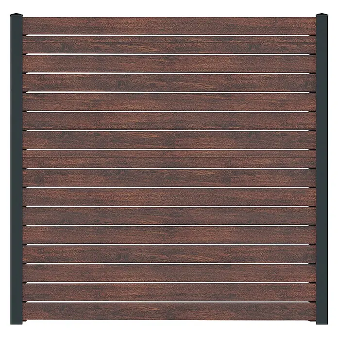 Deutsche Zauntechnik Zaun-Set Vidual Pure - B x H: 7,14 x 1,76 m, Dark Oak - Dunkelbraunes horizontales Lattenzaunfeld aus Holz mit dunkelgrauen Pfosten.