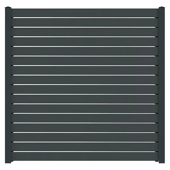 Deutsche Zauntechnik Zaun-Set Vidual Pure - B x H: 3,61 x 1,76 m, Anthrazitgrau - Dunkelgraues Aluminium-Zaunfeld mit horizontalen Lamellen und zwei vertikalen Pfosten.