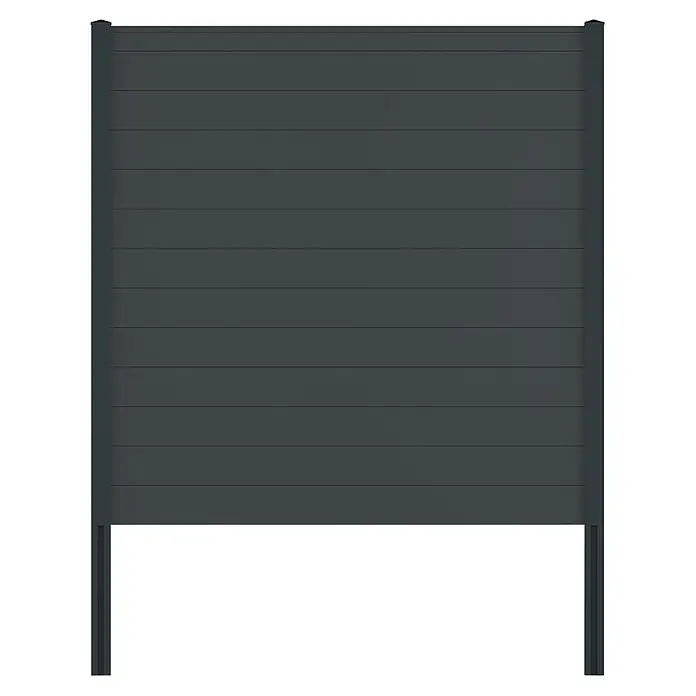 Deutsche Zauntechnik Zaun-Set Vidual Snap - 8,91 x 1,77 m, Anthrazitgrau - Dunkelgraues Zaunpaneel aus Verbundwerkstoff mit horizontalen Lamellen und zwei Pfosten.