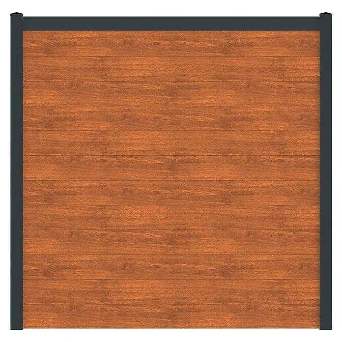 Deutsche Zauntechnik Zaun-Set Vidual Snap - 8,91 x 1,77 m, Light Oak - Braunes Holzzaunpaneel mit dunkelgrauem Rahmen.