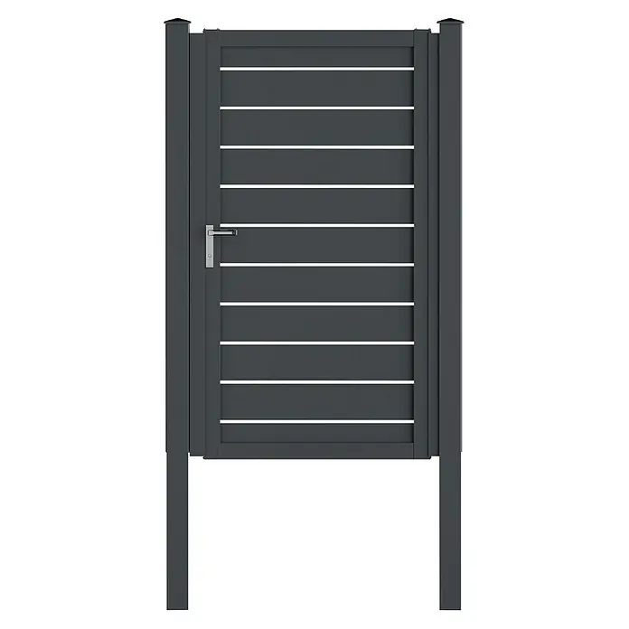 Deutsche Zauntechnik Zauntor Vidual Swing Line - Anthrazitgrau - Dunkelgraues Aluminium-Gartentor mit horizontalen Lamellen und silbernem Griff.