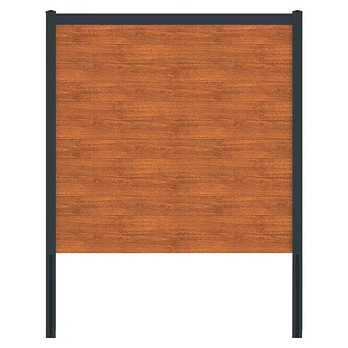 Deutsche Zauntechnik Zaun-Set Vidual Snap - 12,45 x 1,77 m, Light Oak - Braunes Holzzaunelement mit dunkelgrauem Rahmen und Pfosten.