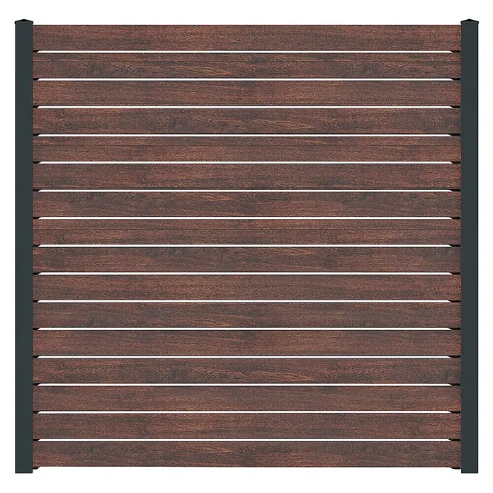Deutsche Zauntechnik Zaun-Set Vidual Pure - B x H: 33,68 x 1,76 m, Dark Oak - Braunes Zaunfeld in Holzoptik mit horizontalen Lamellen und dunkelgrauen Pfosten.