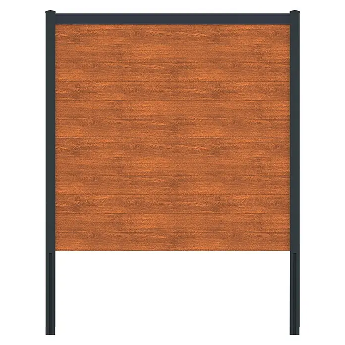 Deutsche Zauntechnik Zaun-Set Vidual Snap - 10,68 x 1,77 m, Light Oak - Brauner Sichtschutzzaun aus Holz mit horizontalen Latten, gerahmt von dunkelgrauen Anthrazit-Metallpfosten und Oberschiene.