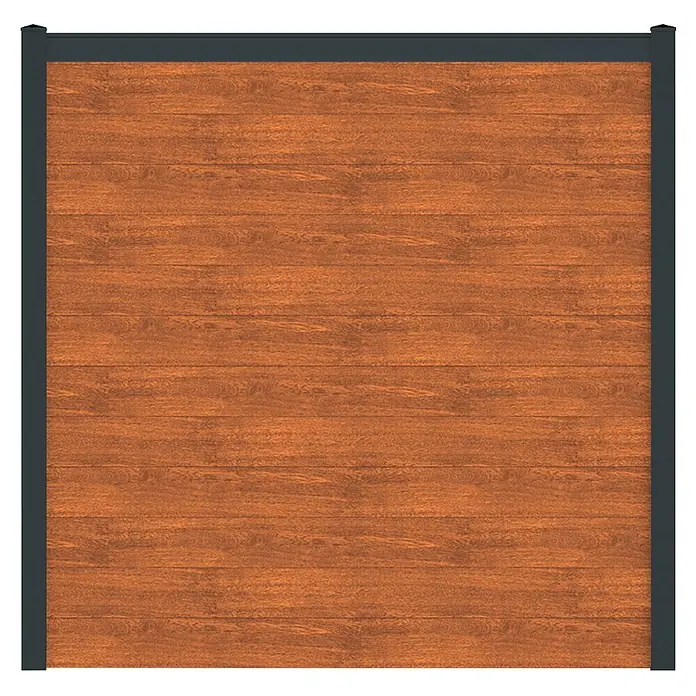 Deutsche Zauntechnik Zaun-Set Vidual Snap - 7,14 x 1,77 m, Light Oak - Holzzaunpaneel mit horizontalen Lamellen und dunkelgrauem Rahmen.