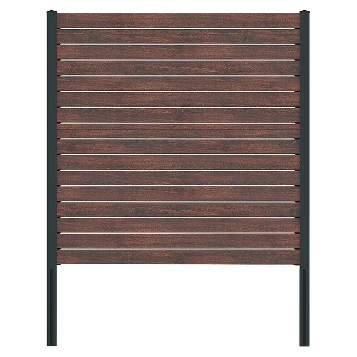 Deutsche Zauntechnik Zaun-Set Vidual Pure - B x H: 15,99 x 1,76 m, Dark Oak - Dunkelbraunes Lamellen-Sichtschutzelement mit dunkelgrauen Metallpfosten.