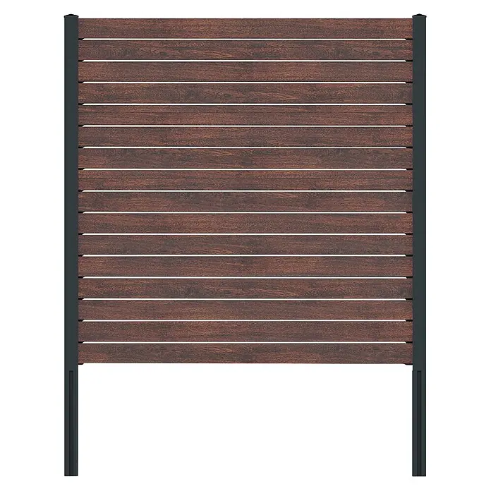 Deutsche Zauntechnik Zaun-Set Vidual Pure - B x H: 7,14 x 1,76 m, Dark Oak - Dunkelbraunes Lamellenzaunfeld mit dunkelgrauen Metallpfosten.