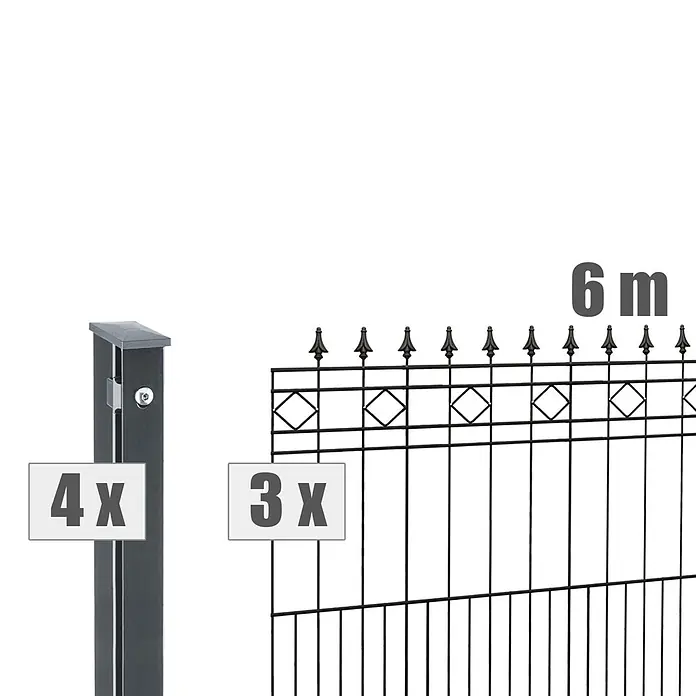 Deutsche Zauntechnik Zaun-Set Rimini - Breite: 6 m, Höhe: 0,91 m, Anthrazitgrau - Schwarzes Metallzaun-Set: 4 dunkelgraue Pfosten und 3 Zaunfelder, 6 Meter Länge.
