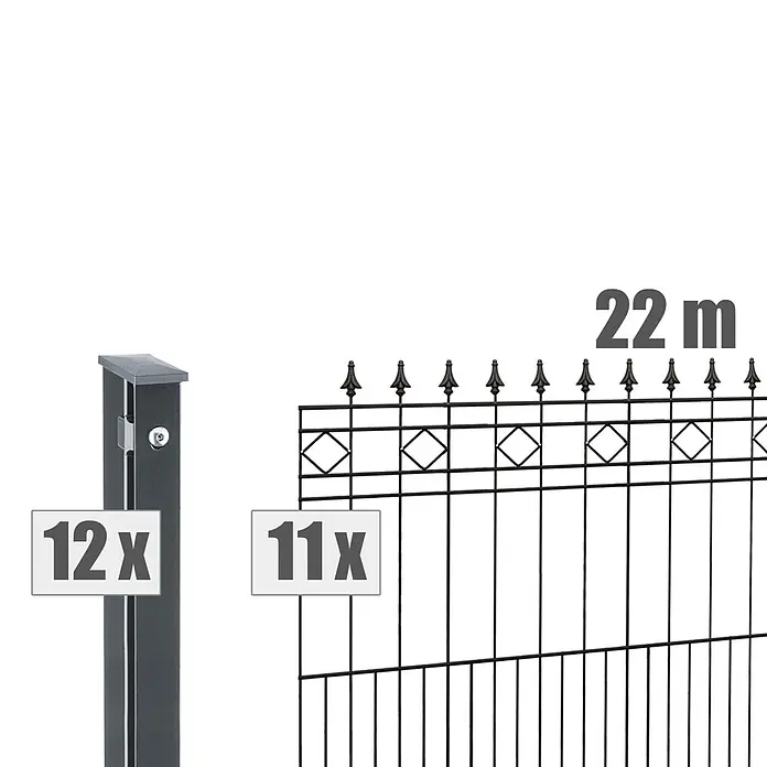 Deutsche Zauntechnik Zaun-Set Rimini - Breite: 22 m, Höhe: 0,91 m, Anthrazitgrau - Schwarzes Metallzaun-Set für 22m, mit 12 grauen Pfosten und 11 dekorativen Zaunfeldern.