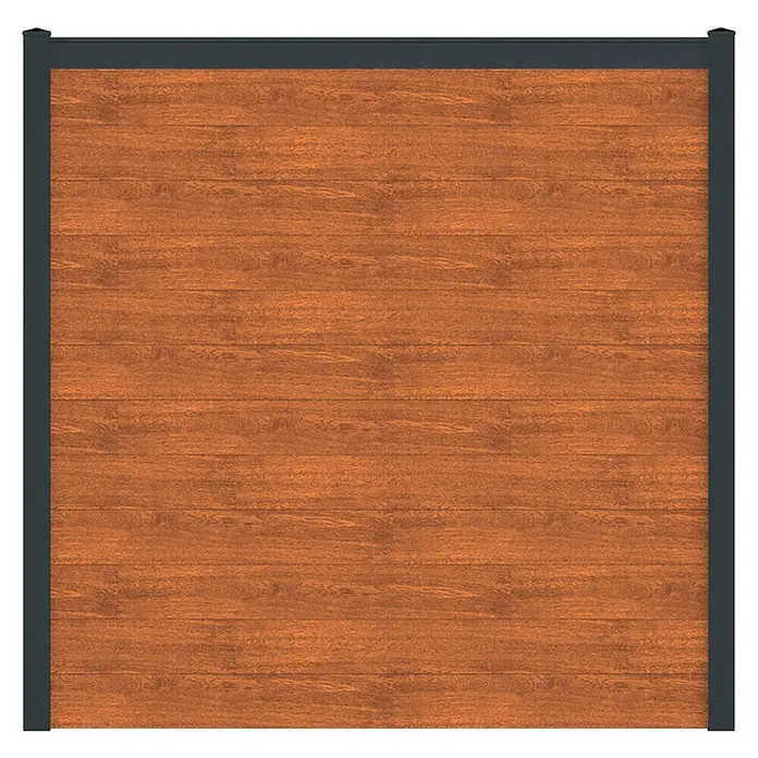 Deutsche Zauntechnik Zaun-Set Vidual Snap - 26,6 x 1,77 m, Light Oak - Zaunfeld in Holzoptik mit horizontalen Lamellen und dunkelgrauem Metallrahmen.