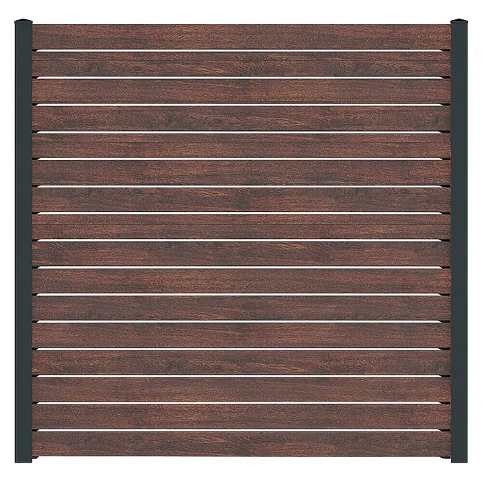 Deutsche Zauntechnik Zaun-Set Vidual Pure - B x H: 28,37 x 1,76 m, Dark Oak - Dunkelbraunes horizontal lamelliertes Zaunfeld mit dunkelgrauen vertikalen Pfosten.