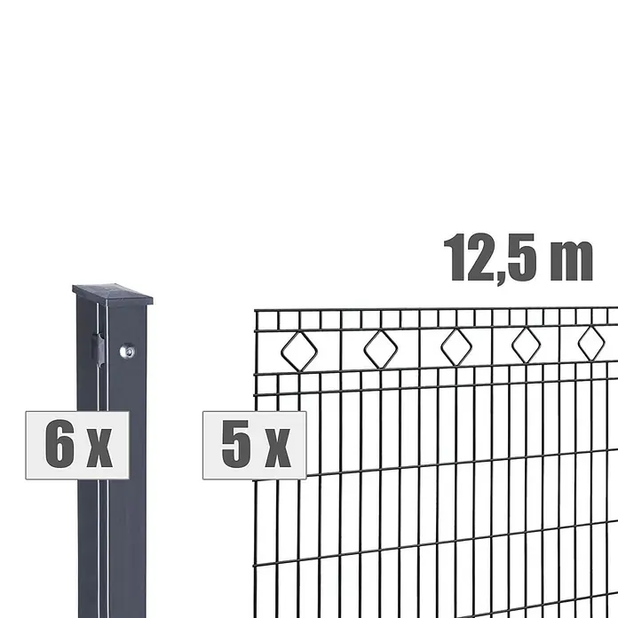 Deutsche Zauntechnik Zaun-Set Barcelona - Breite: 12,5 m, Höhe: 1,23 m, Anthrazitgrau - Dunkelgraues Metallzaun-Set: 6 Pfosten, 5 Paneele, 12,5m Gesamtlänge.