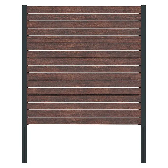 Deutsche Zauntechnik Zaun-Set Vidual Pure - B x H: 8,91 x 1,76 m, Dark Oak - Dunkelbraunes Lattenzaunpaneel aus Holz mit dunkelgrauen Metallpfosten.