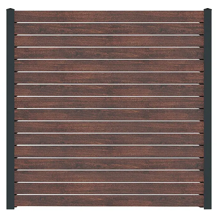 Deutsche Zauntechnik Zaun-Set Vidual Pure - B x H: 12,45 x 1,76 m, Dark Oak - Dunkelbraunes Zaunpaneel mit horizontalen Holzlatten, gerahmt von dunkelgrauen Pfosten.