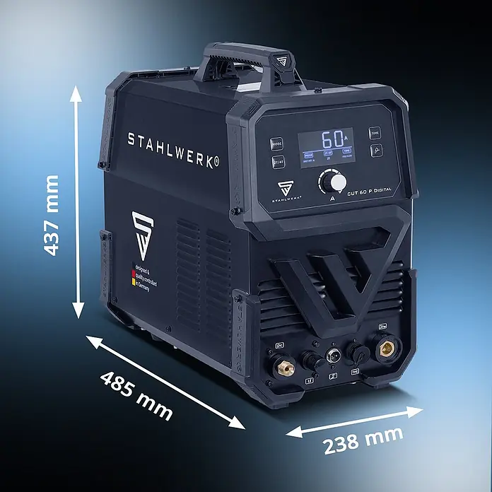 STAHLWERK Plasmaschneider Plasmaschneider CUT 60 P Digital THC - Schweißstrom: 60 A, 400 V - Dunkelgrauer STAHLWERK CUT 60 P Digital Plasmaschneider mit Digitalanzeige (60A) und Maßen: 437mm H, 485mm L, 238mm T.
