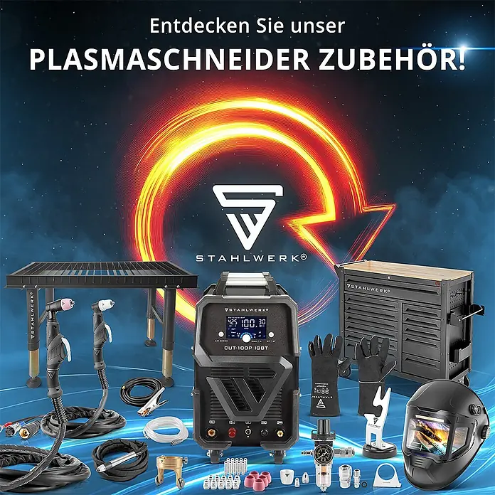 STAHLWERK Plasmaschneider Plasmaschneider CUT 80 P Digital THC - Schweißstrom: 80 A, 400 V - Stahlwerk Plasmaschneider-Zubehör: Plasmaschneider, Schweißtisch, Brenner, Kabel, Schweißhelm, Handschuhe, Werkzeugkasten.