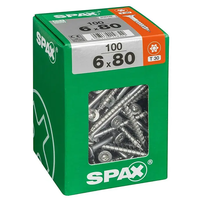 Spax T-Star plus Universalschraube T-Star plus - Ø x L: 6 x 80 mm, WIROX Oberfläche, T-Star plus, 100 Stk. - Eine grüne Verpackung mit 100 SPAX Universalschrauben 6x80 mm, ideal für diverse Holzbauprojekte mit T30-Torx Antrieb.