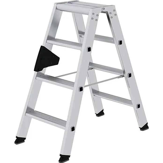 Munk Stehleiter Stehleiter mit ergo-pad beidseitig begehbar 2x4 Stufen - Anzahl Tritte: 4 Stk., Arbeitshöhe: 0,91 m, Belastbarkeit: 150 kg, Aluminium - Silberne Aluminium-Klappleiter mit 3 Stufen und Plattform, schwarzen Anti-Rutsch-Füßen für sicheren Stand.