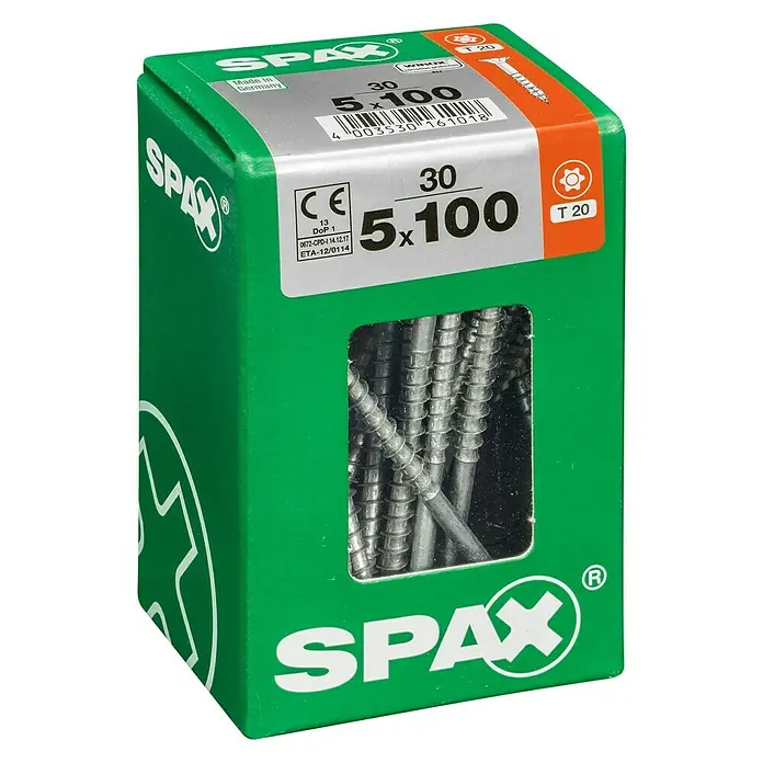 Spax T-Star plus Universalschraube T-Star plus - Ø x L: 5 x 100 mm, WIROX Oberfläche, T-Star plus, 30 Stk. - Eine grüne Packung Spax-Schrauben, Größe 5x100, mit Torx T20-Antrieb, ideal für Holzkonstruktionen und Heimwerkerprojekte.
