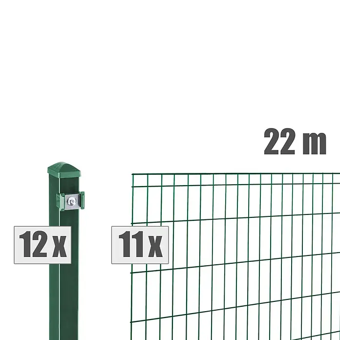 Deutsche Zauntechnik Zaun-Set Michl - Breite: 22 m, Höhe: 0,81 m, Moosgrün - Grünes Zaun-Set für 22m Länge, mit 12 Pfosten und 11 Zaunelementen.