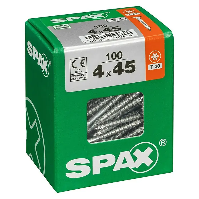 Spax T-Star plus Universalschraube T-Star plus - Ø x L: 4 x 45 mm, WIROX Oberfläche, T-Star plus, 100 Stk. - Eine grüne Schachtel Spax-Schrauben, Größe 4x45, mit dem gut sichtbaren Spax-Logo und Informationen zu Menge und Abmessungen.