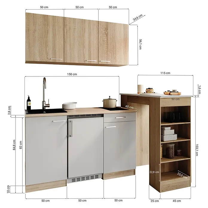 Respekta Miniküche Ingrid - Breite: 150 cm, Grau, Mit Bartisch, Mit Kochfeld + Kühlschrank + Mikrowelle - Kompakte Küchenzeile in heller Eichenoptik mit hellgrauen Schränken, Spüle, Kochfeld und angebautem Stauraum mit Bartresen.