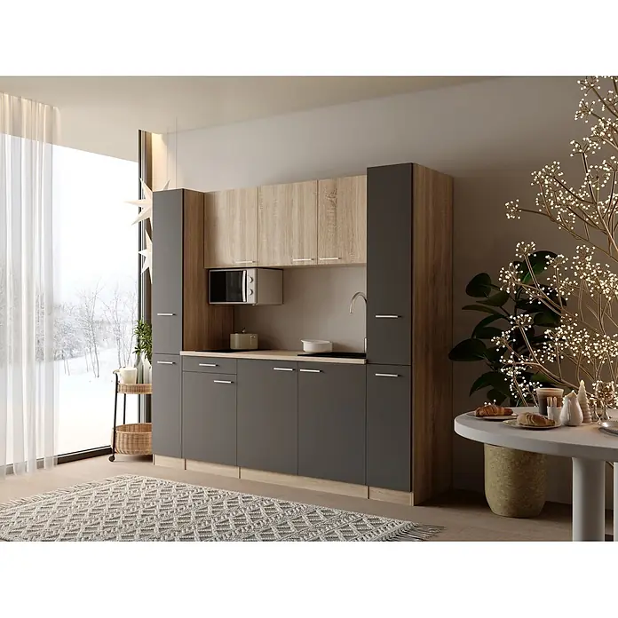Respekta Küchenzeile Ingrid - Breite: 210 cm, Grau, Mit Kochfeld + Mikrowelle - Moderne modulare Küchenzeile in Dunkelgrau und heller Holzoptik, mit Schränken, Mikrowelle, Spüle und Kochfeld.