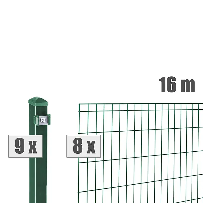 Deutsche Zauntechnik Zaun-Set Michl - Breite: 16 m, Höhe: 1,01 m, Moosgrün - Grünes Zaunset mit 9 Pfosten, 8 Gittermatten und 16 Metern Gesamtlänge.