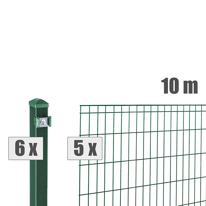 Deutsche Zauntechnik Zaun-Set Michl - Breite: 10 m, Höhe: 1,21 m, Moosgrün - Grünes Metallzaunset mit 6 Pfosten, 5 Zaunfeldern, für 10 Meter.